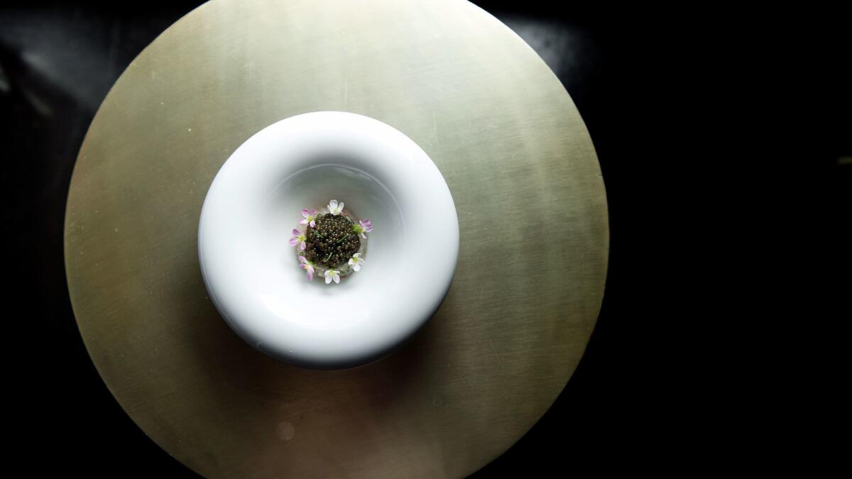 Spot Prawn Jewels at Providence: golden ossetra caviar, finger lime.