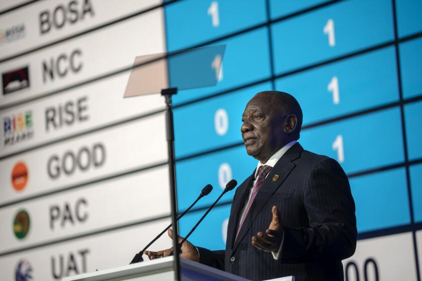 South African President Cyril Ramaphosa speaks during the announcement of the results in South Africa's general elections in Johannesburg, South Africa on Sunday, June 2, 2024. Humbled by a stinging election result, South Africa's African National Congress was talking to everyone in an effort to form a stable coalition government for Africa's most advanced economy after it lost its 30-year majority. (AP Photo/Emilio Morenatti)