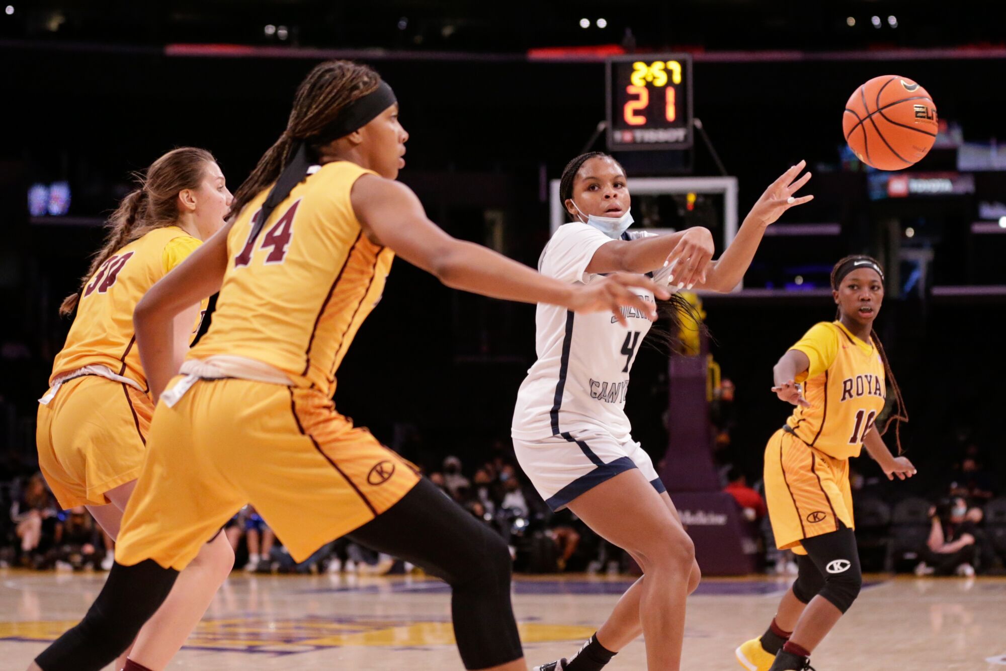 Sierra Canyon's Mackenly Randolph passes the ball from the high post.