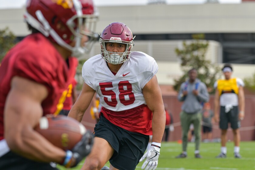 Linebacker Solomon Tuliaupupu is shown at practice for USC.