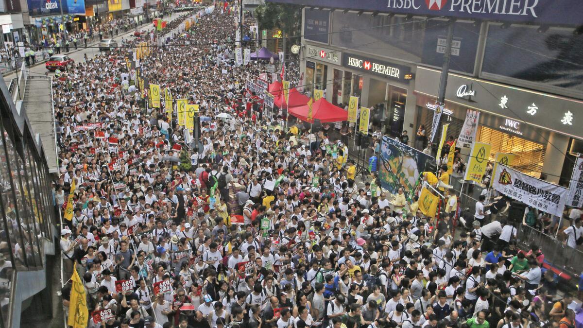 Pro-democracy marchers fill a Hong Kong street this week.