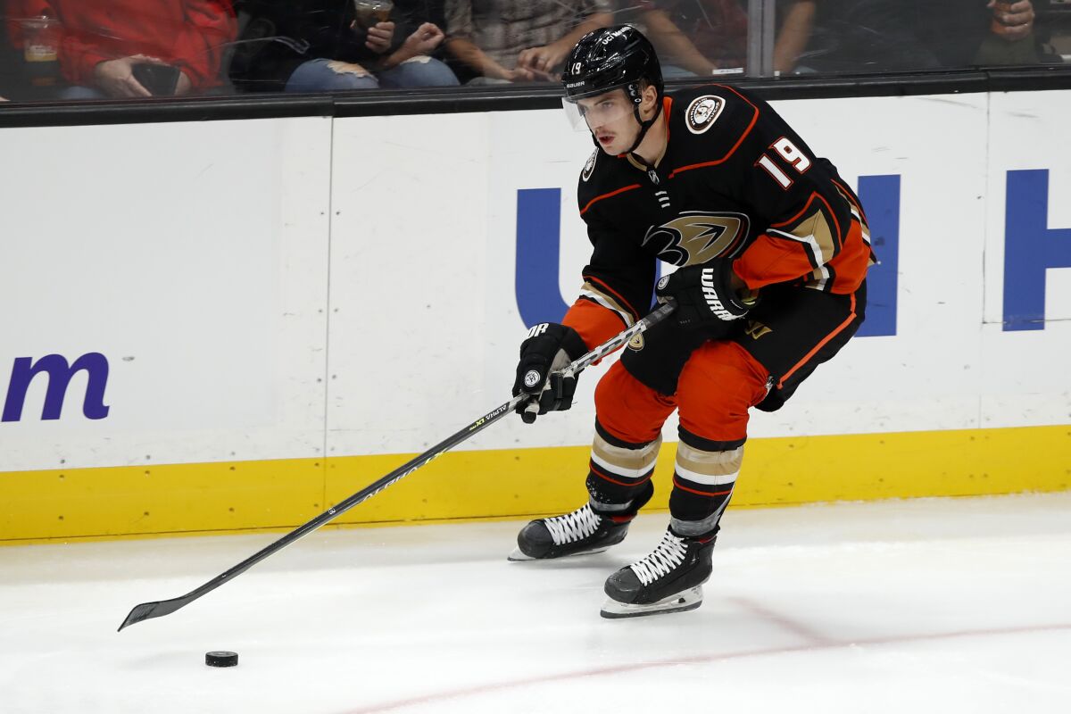 Ducks center Troy Terry controls the puck against the St. Louis Blues.
