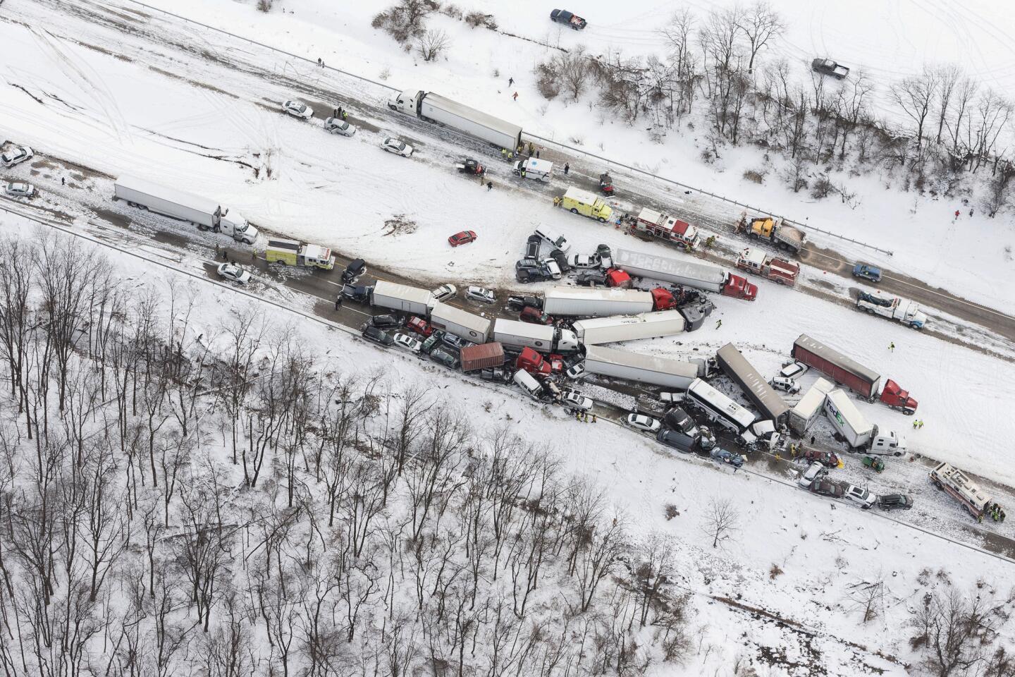 Vehicles pile up at the site of a fatal crash near Fredericksburg, Pa., on Feb. 13, 2016.