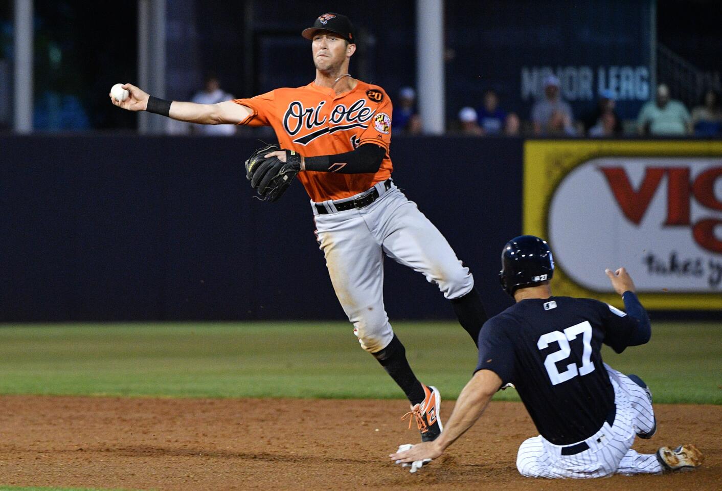 TAMPA, FL - MARCH 12: Steve Wilkerson #12 of the Baltimore Orioles makes the out in the third inning during the spring training game against the New York Yankees at Steinbrenner Field on March 12, 2019 in Tampa, Florida. (Photo by Mark Brown/Getty Images) ** OUTS - ELSENT, FPG, CM - OUTS * NM, PH, VA if sourced by CT, LA or MoD **