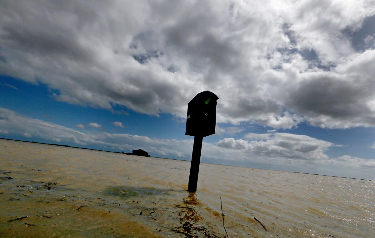 A mailbox rises on a post out of muddy floodwaters