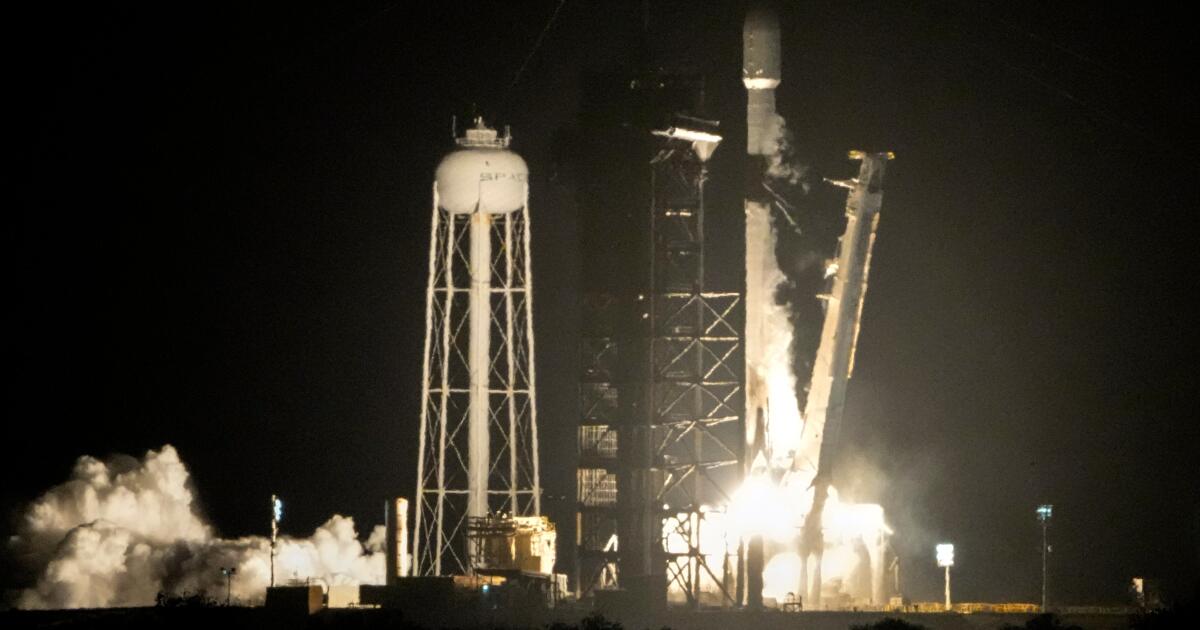 Photo: Los Angeles Times FILE - A SpaceX Falcon 9 rocket lifts off from pad 39A with a payload of a pair of lunar landers at the Kennedy Space Center