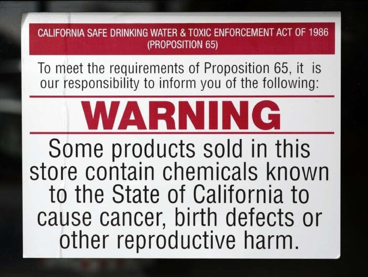 Some corporations and GOP lawmakers in Washington are challenging California's pioneering consumer protection laws. Voters passed Proposition 65 nearly 30 years ago, and signs like these have been familiar across the state ever since.