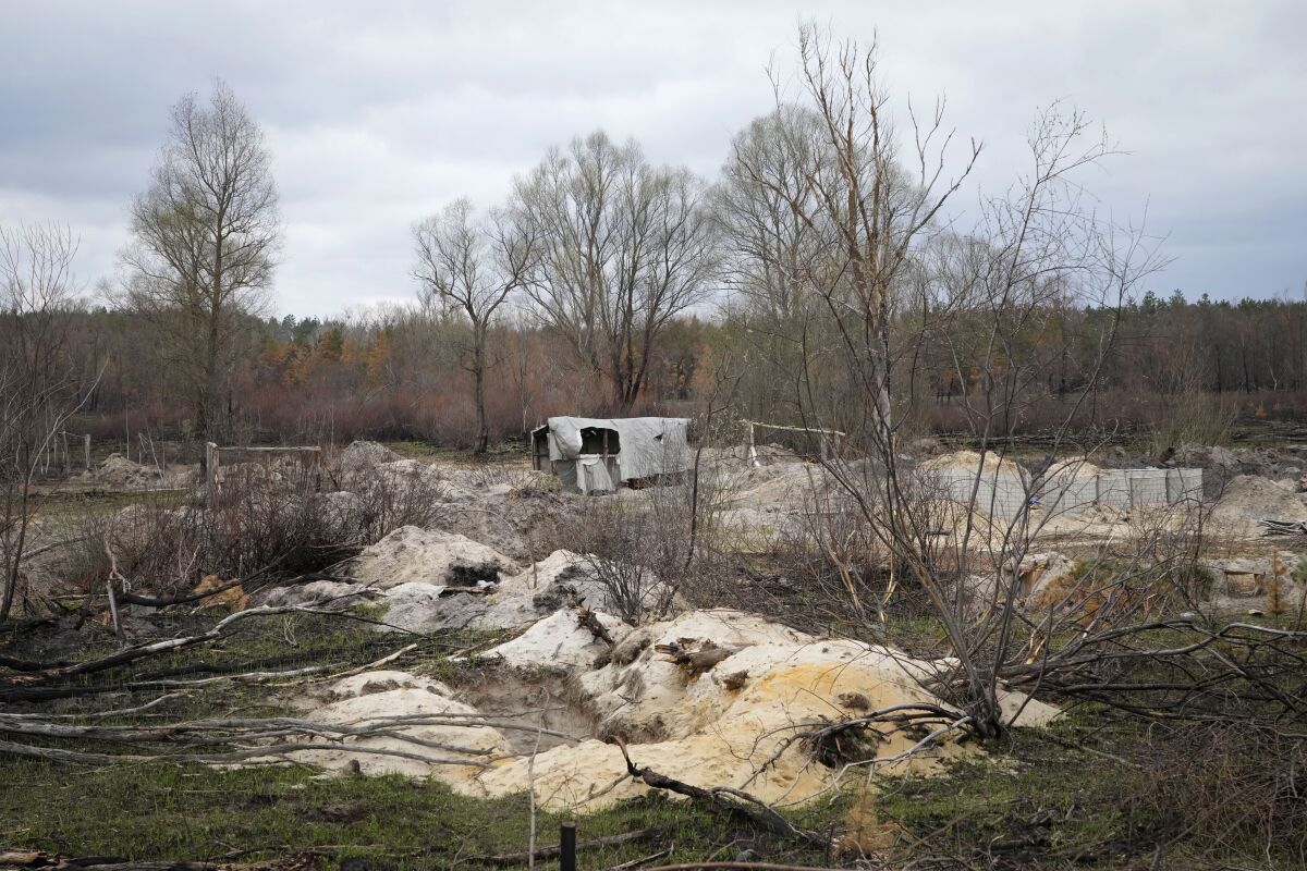 Trenches and firing positions sit in the highly radioactive soil adjacent to the Chernobyl nuclear power plant near Chernobyl, Ukraine, Saturday, April 16, 2022. Thousands of tanks and troops rumbled into the forested exclusion zone around the shuttered plant in the earliest hours of Russia’s invasion of Ukraine in February, churning up highly contaminated soil from the site of the 1986 accident that was the world's worst nuclear disaster. (AP Photo/Efrem Lukatsky)