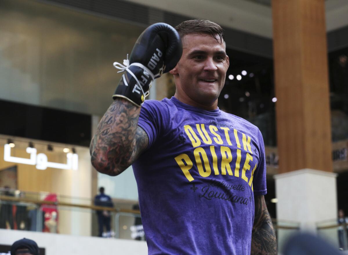 UFC fighter Dustin Poirier gestures during a training session in Abu Dhabi in September 2019.