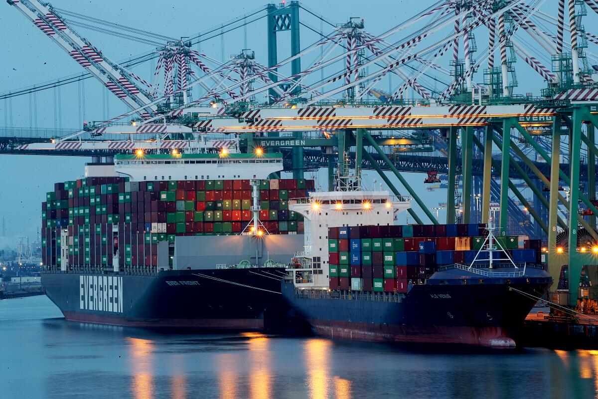 Container ships discharge cargo on Terminal Island in the Port of Los Angeles.