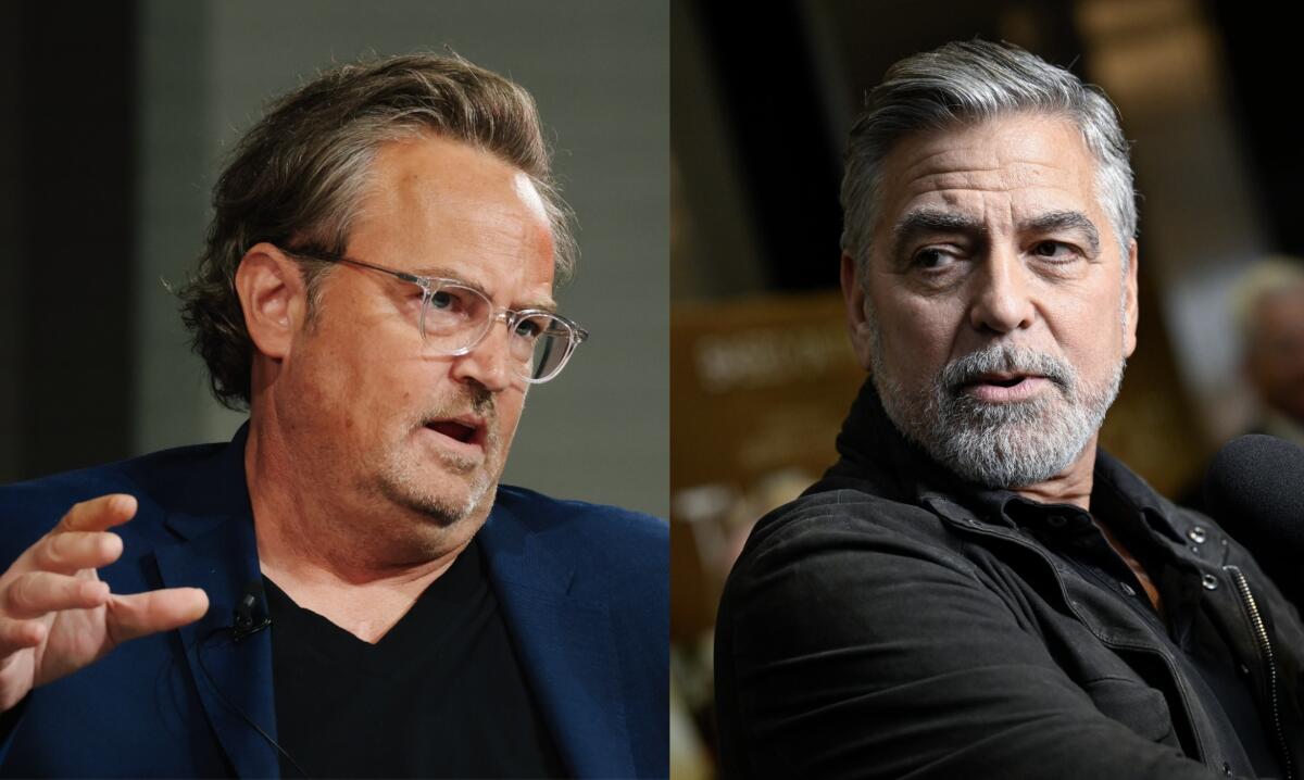 Photos of Matthew Perry in glasses and a navy blazer, talking; and a silver-haired and bearded George Clooney