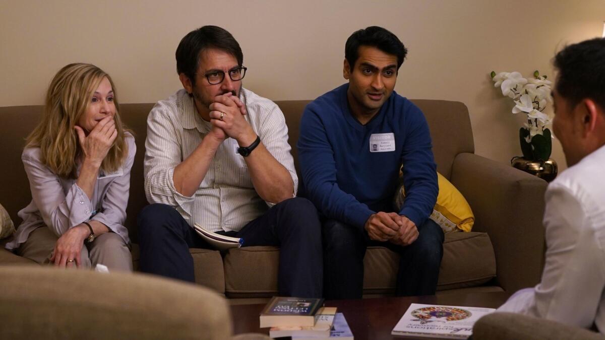 Holly Hunter, left, Ray Romano and Kumail Nanjiani in a scene from "The Big Sick."