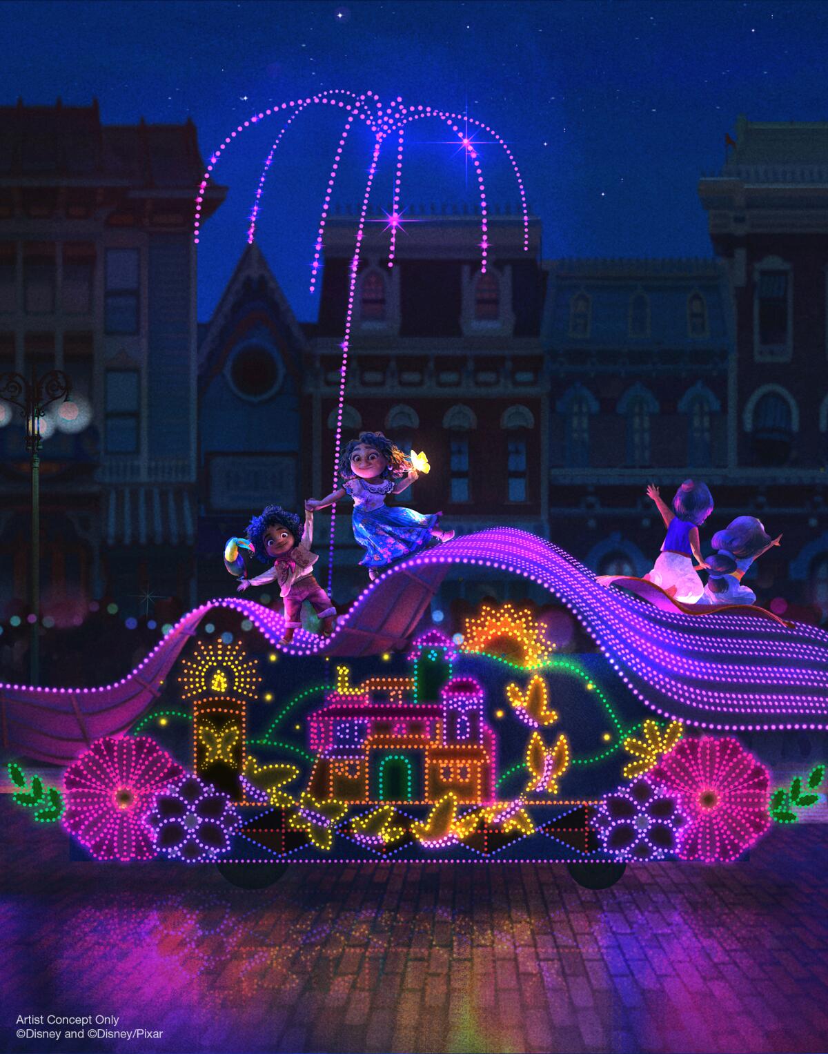 A Main Street Electrical Parade float featuring characters from "Encanto."