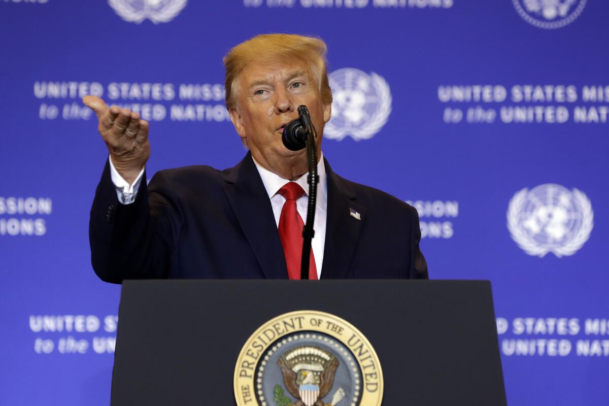 President Trump speaks during a news conference Wednesday at the InterContinental New York Barclay hotel during the U.N. General Assembly in New York.