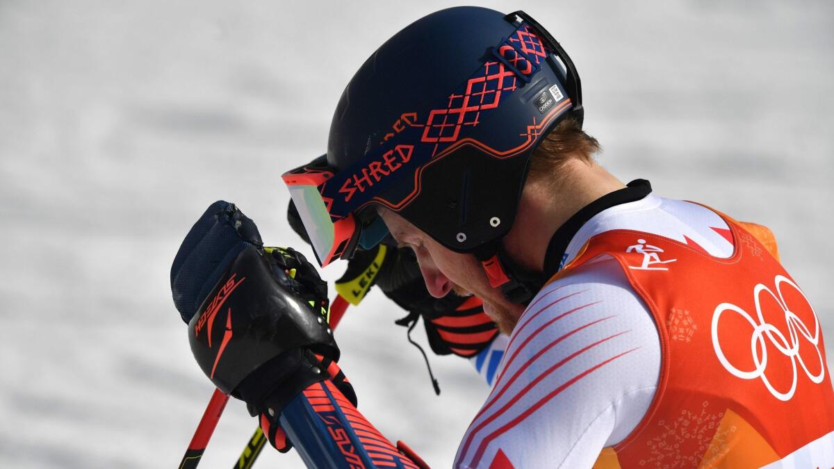 Ted Ligety reacts after competing in the men's giant slalom at the Jeongseon Alpine Center.