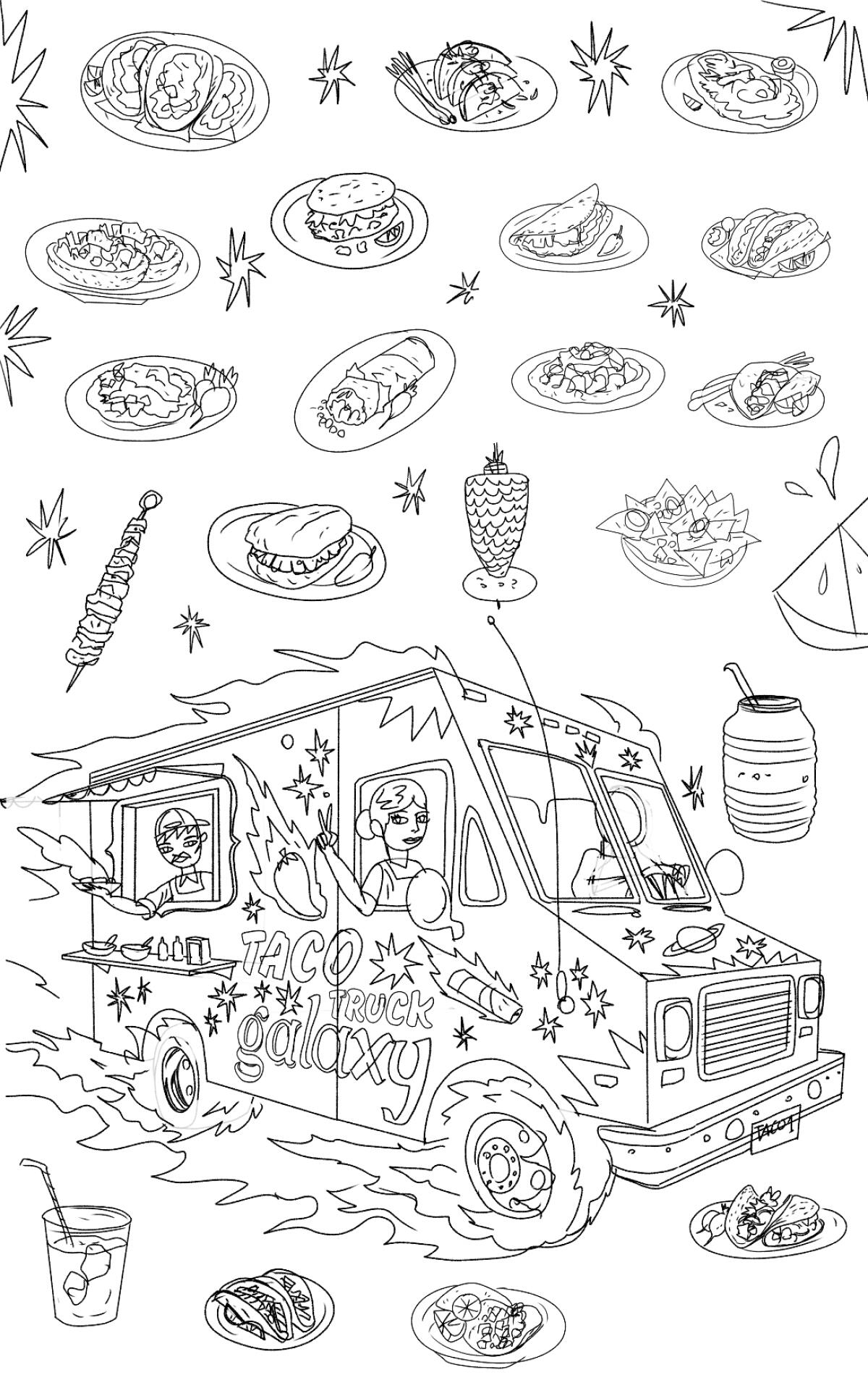 Los Angeles Times Food illustrations, "Into the belly of the L.A. taco truck," Charles Glaubitz, May 23, 2019.