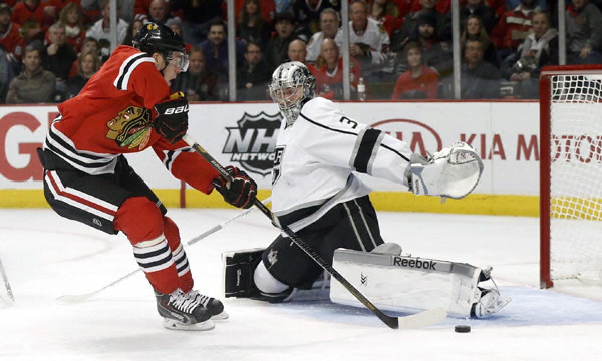 Kings goalie Martin Jones forces Chicago Blackhawks center Jonathan Toews to shoot wide on a breakaway during the second period of the Kings' 1-0 loss last month.