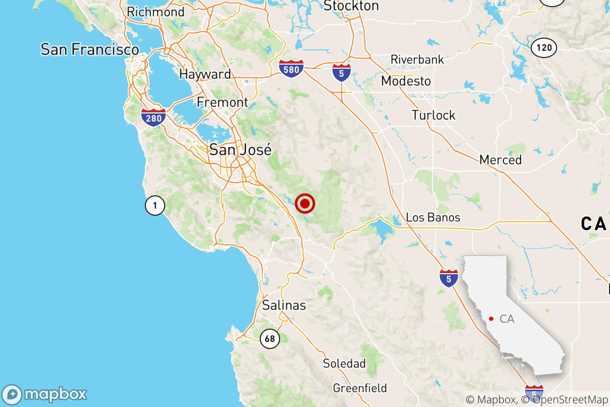 A map of the epicenter of an earthquake at 6:58 a.m. reported Tuesday two miles from Morgan Hill, Calif., according to USGS.