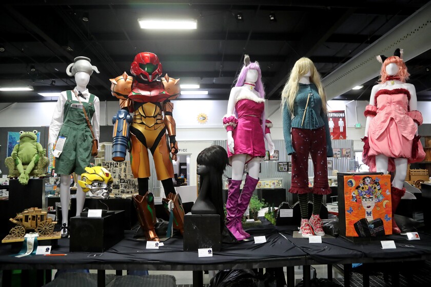 Cosplay costumes on display in the home and art competition area at the Orange County Fairgrounds in Costa Mesa.