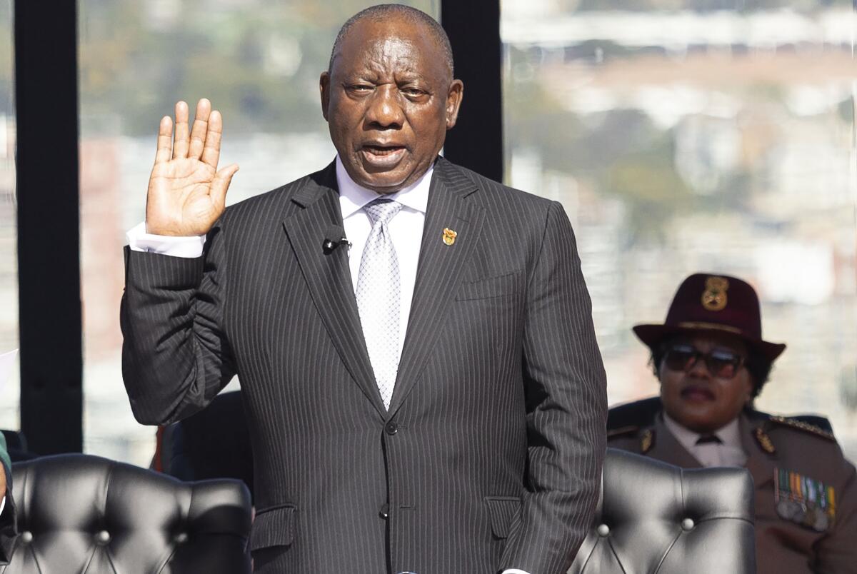 South Africa's Cyril Ramaphosa, is sworn in as President at his inauguration in Tshwane, South Africa.