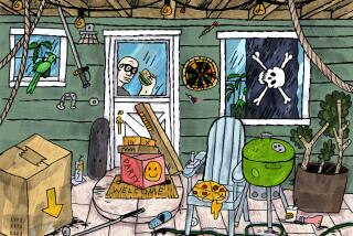 A pirate flag hangs in the window of a house with various party items on the porch.  Adam Tschorn peeks out the door window holding a sandwich.