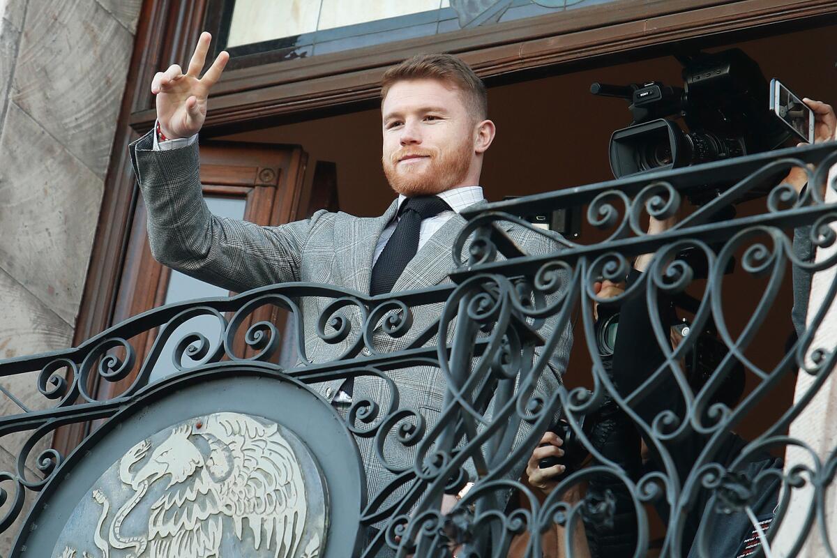 LYNWOOD, CA - FEBRUARY 24: Canelo Alvarez poses for the crowd after being introduced during a press tour at the Plaza Mexico on February 24, 2017 in Lynwood, California. (Photo by Josh Lefkowitz/Getty Images) ** OUTS - ELSENT, FPG, CM - OUTS * NM, PH, VA if sourced by CT, LA or MoD **