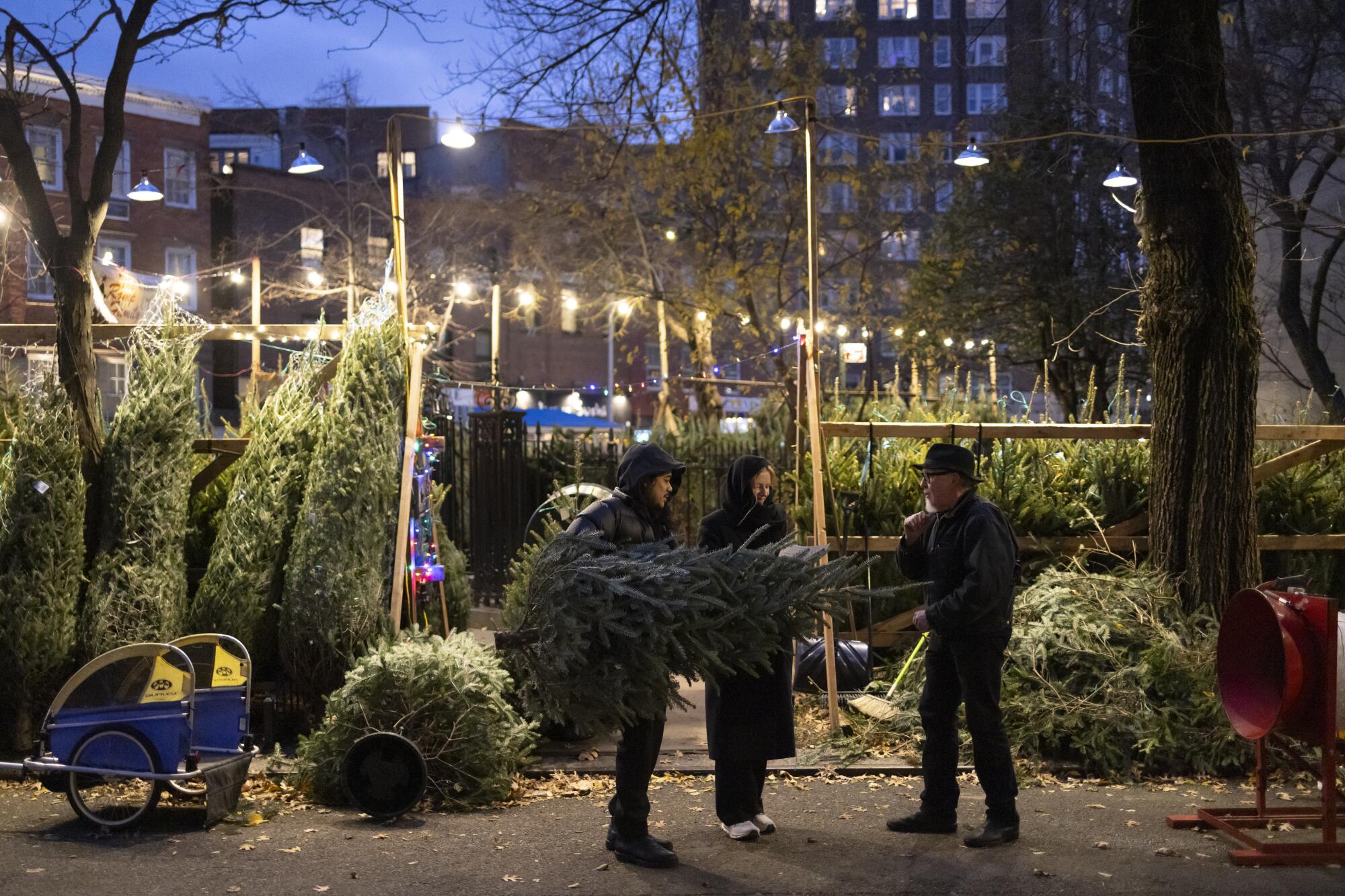 A man talks to two people carrying a Christmas tree outside a tree lot on a sidewalk.