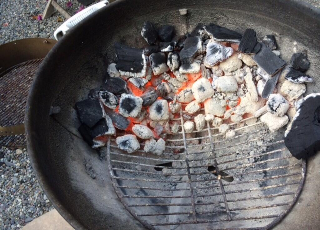 Start with a charcoal fire arranged in a rough "U" shape