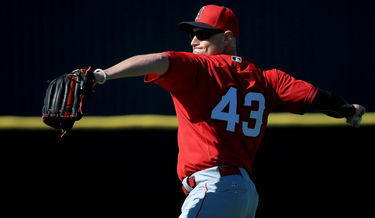 Angels starting pitcher Garrett Richards warms up during a spring training workout on March 4.