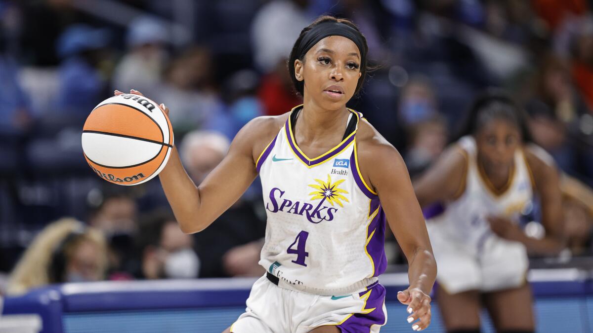 Sparks guard Lexie Brown handles the ball against the Sky on May 6, 2022, in Chicago.