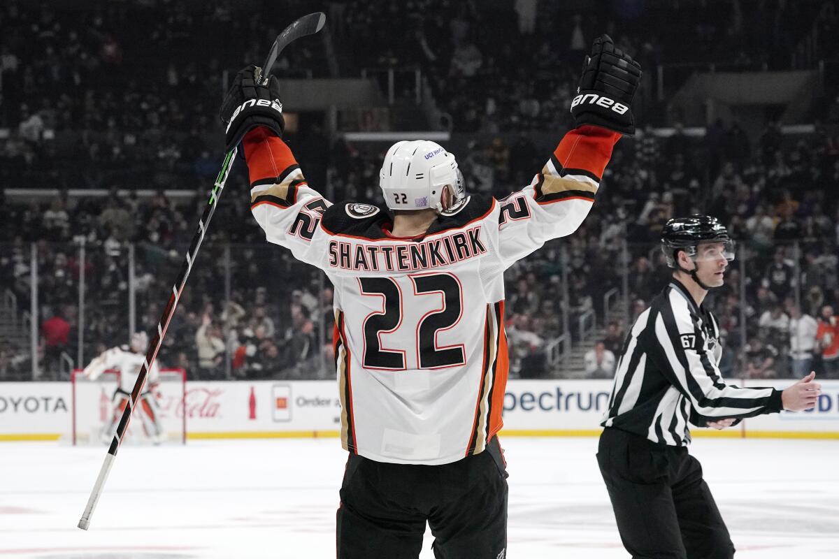 Anaheim Ducks player Kevin Shattenkirk celebrates with his arms up