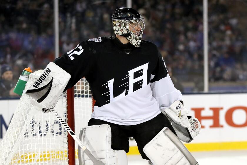 COLORADO SPRINGS, COLORADO - FEBRUARY 15: Jonathan Quick #32 of the Los Angeles Kings tends goal against the Colorado Avalanche in the third period during the 2020 NHL Stadium Series game at Falcon Stadium on February 15, 2020 in Colorado Springs, Colorado. (Photo by Matthew Stockman/Getty Images)