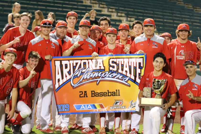 Scottsdale Christian Academy celebrates its 2019 Arizona state divisional championship.
