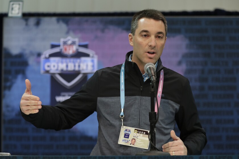 FILE - In this Feb. 28, 2019, file photo, Los Angeles Chargers general manager Tom Telesco speaks during a news conference at the NFL football scouting combine in Indianapolis. Telesco hasn't given a timetable on when he expects to hire a coach, but did say he would be patient if their preferred candidate was on a team that advanced to the Super Bowl. (AP Photo/Michael Conroy, File)