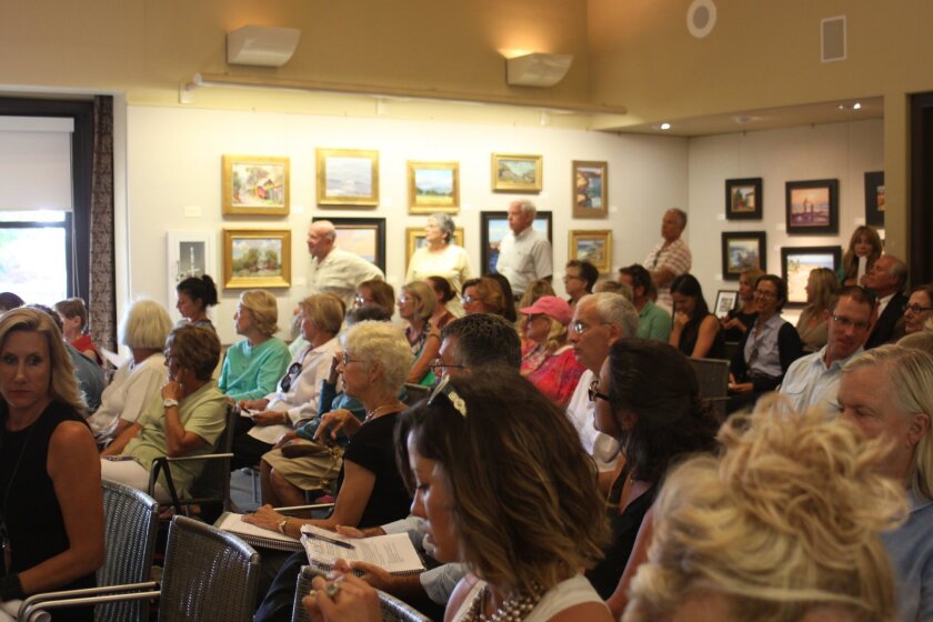 La Jollans gather at the library to discuss the issue with Parks & Beaches board Sept. 22.