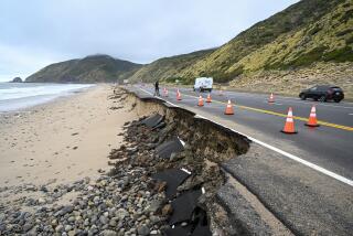 LOS ANGELES, CALIFORNIA - FEBRUARY 06: The Pacific Coast Highway is damaged in Point Mugu near Sycamore Canyon Road, as atmospheric river storms hit Los Angeles, California, United States on February 6, 2024. (Photo by Tayfun Coskun/Anadolu via Getty Images)