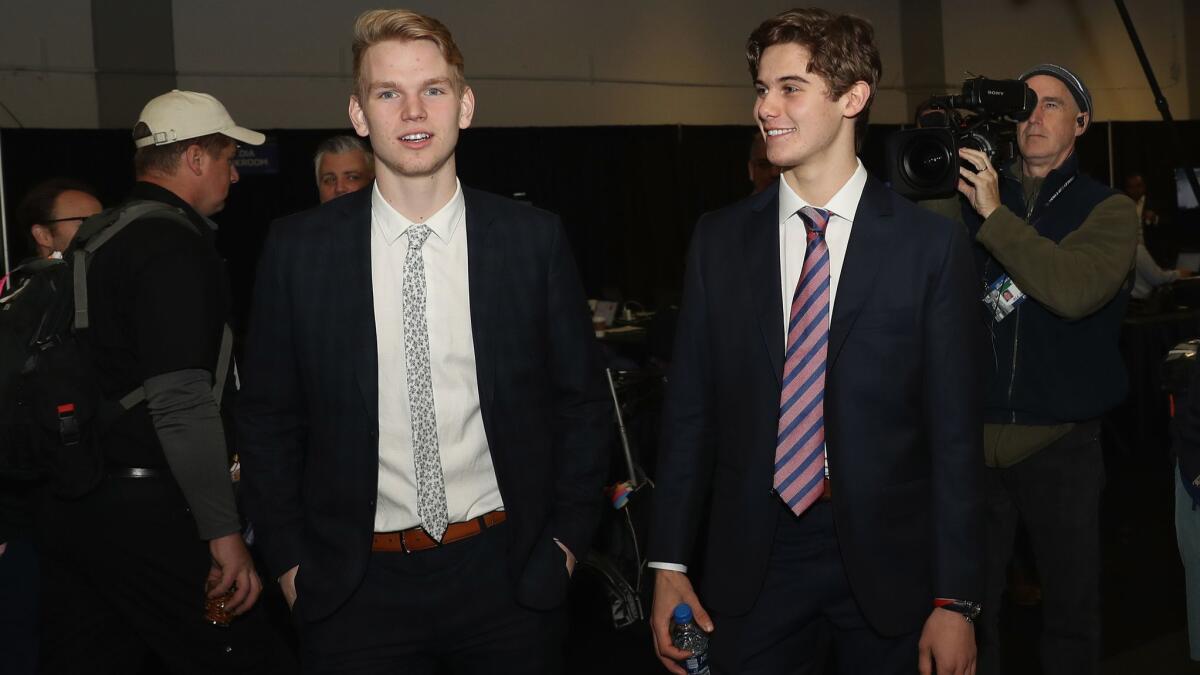 NHL prospects Bowen Byram, left, and Jack Hughes speak to the media June 3 ahead of Game 4 of the Stanley Cup Final in St Louis.