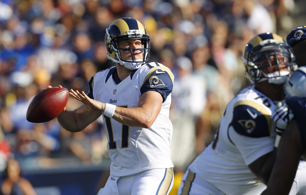 Rams quarterback Case Keenum passes to Lance Kendricks in the first quarter during a preseason game on Saturday at the Coliseum.