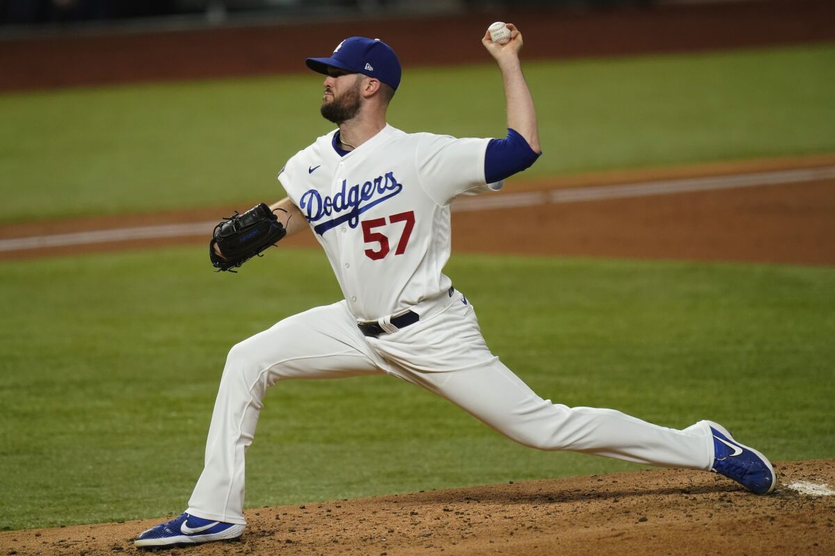 The Dodgers' Alex Wood pitches in relief against Tampa Bay in Game 6 of the 2020 World Series.