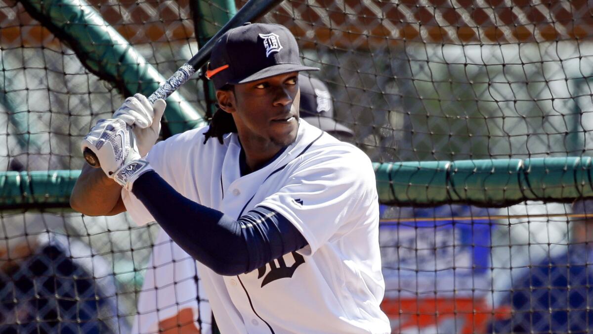 Tigers center fielder Cameron Maybin takes batting practice during a spring training workout on Feb. 27.