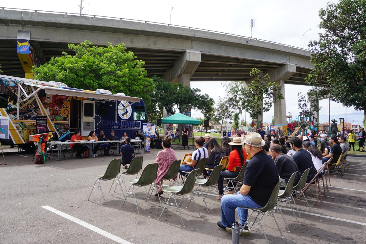 Barrio Logan residents, business owners and leaders of local organizations gathered Saturday, Sept. 28, at Chicano Park to discuss gentrification.