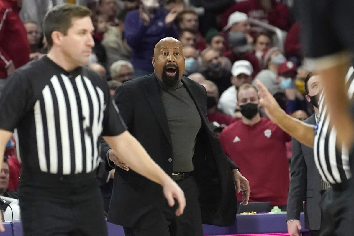 Indiana head coach Mike Woodson gets upset at the official after a technical foul was called on an assistant coach during the second half of an NCAA college basketball game against Northwestern Tuesday, Feb. 8, 2022, in Evanston, Ill. Northwestern won 59-51. (AP Photo/Charles Rex Arbogast)