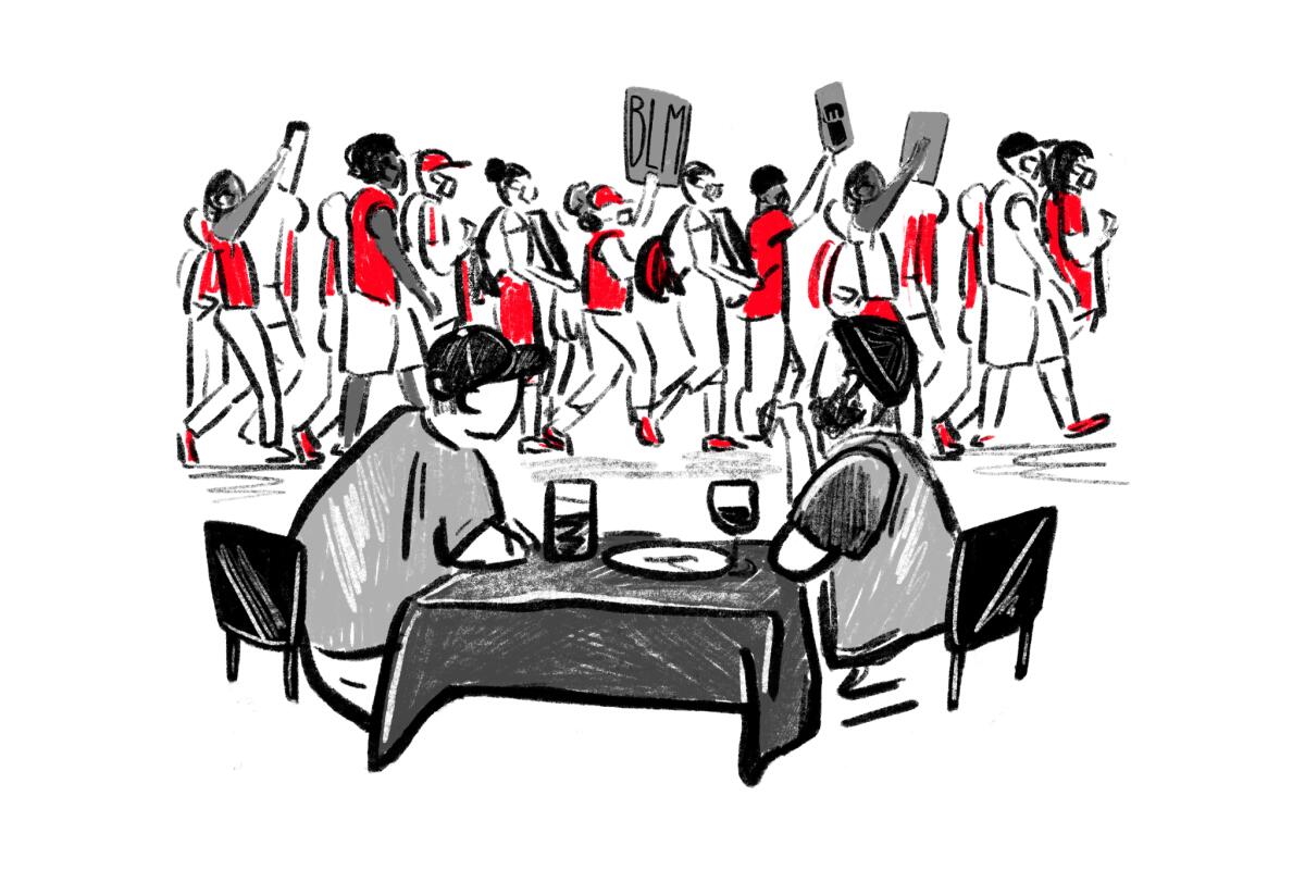 Illustration of diners seated at a table with Black Lives Matter protesters walking past 