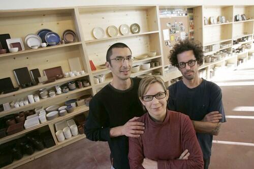 Heath Ceramics owners Robin Petravic, left, and Catherine Bailey, center, have teamed with local potter Adam Silverman of Atwater Pottery to open the Sausalito-based studio's first Los Angeles store.