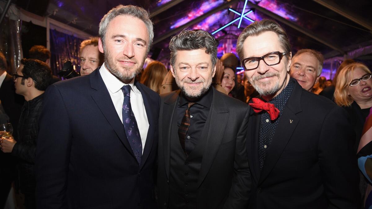 British Consul General Michael Howells, from left, "Black Panther villain Andy Serkis and "Darkest Hour" star Gary Oldman at the Film Is Great Reception in Hancock Park.