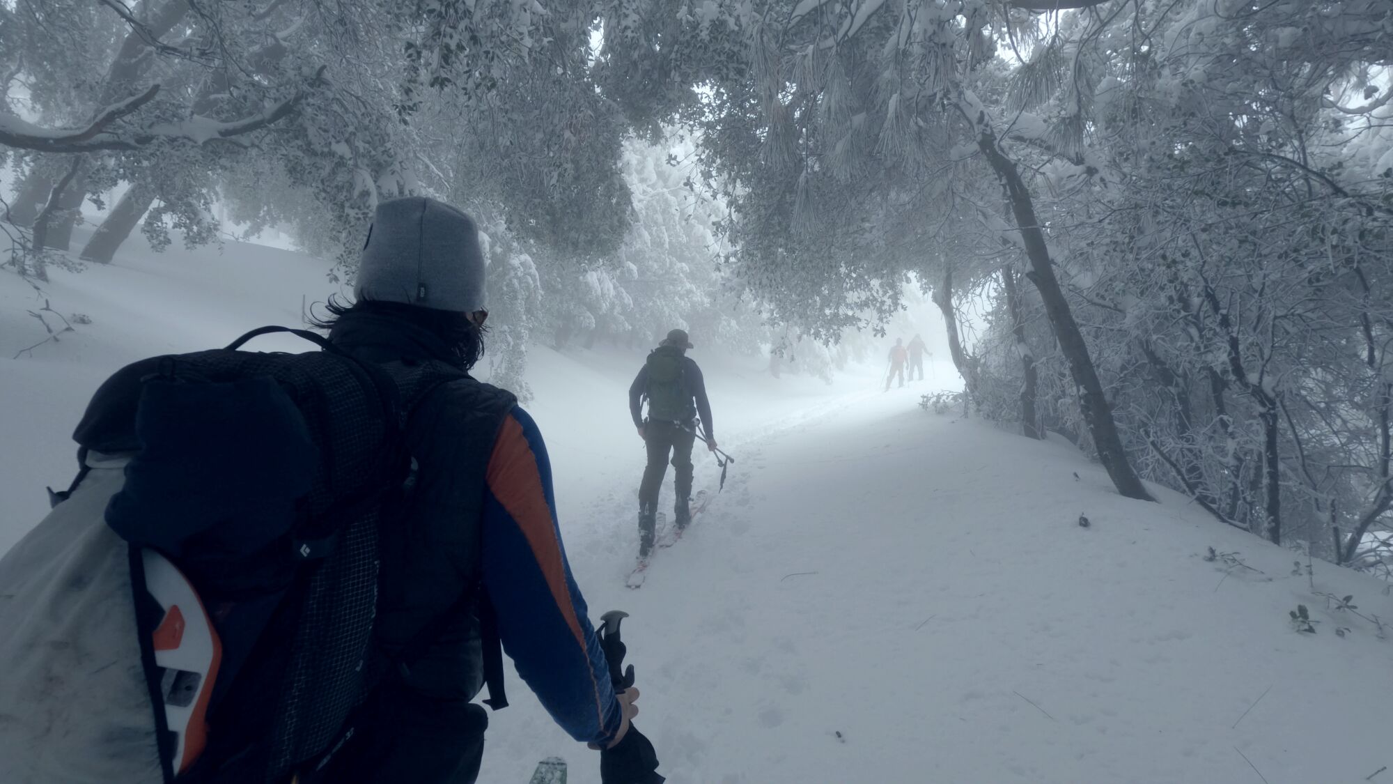 A group of skiers make their way up Mt. Lukens on Sunday morning.