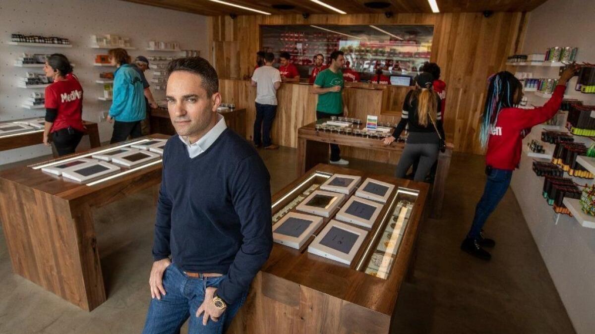 MedMen CEO Adam Bierman at the cannabis company's Venice shop. The Culver City-based company is going public, with shares set to begin trading on a Canadian stock next week. U.S. stock exchanges won't list U.S. cannabis companies.