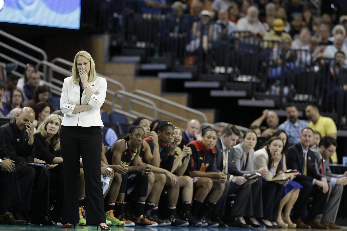 Maryland head coach Brenda Frese watches her team play against Connecticut during the second half of a Final Four game.