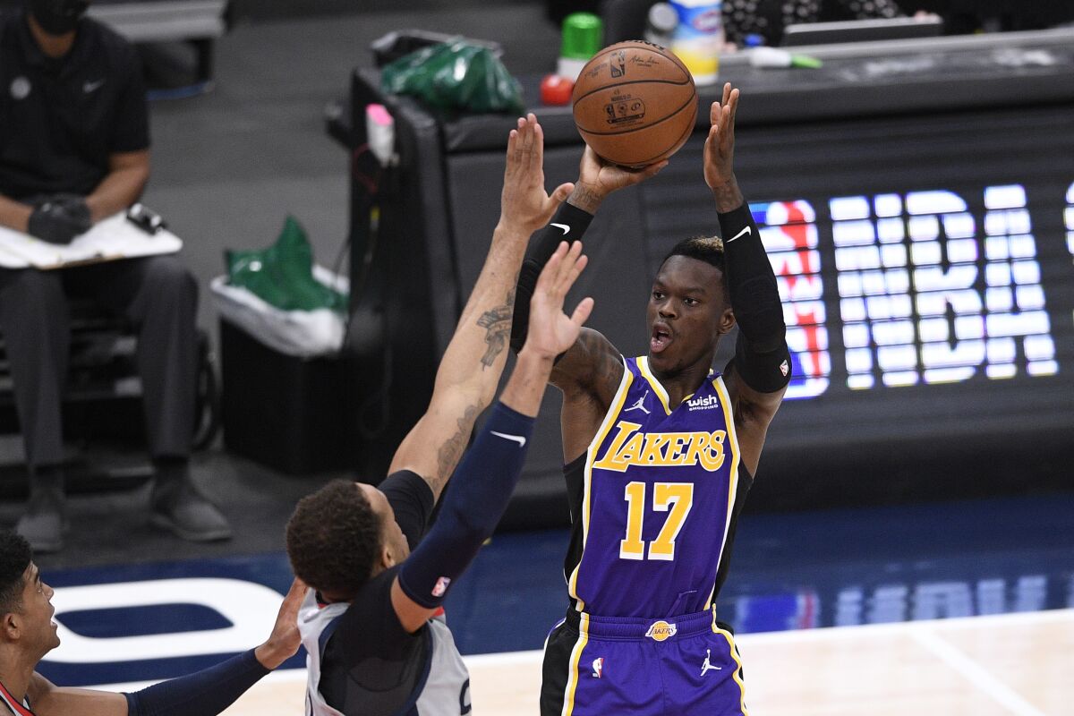 Lakers guard Dennis Schroder takes a shot