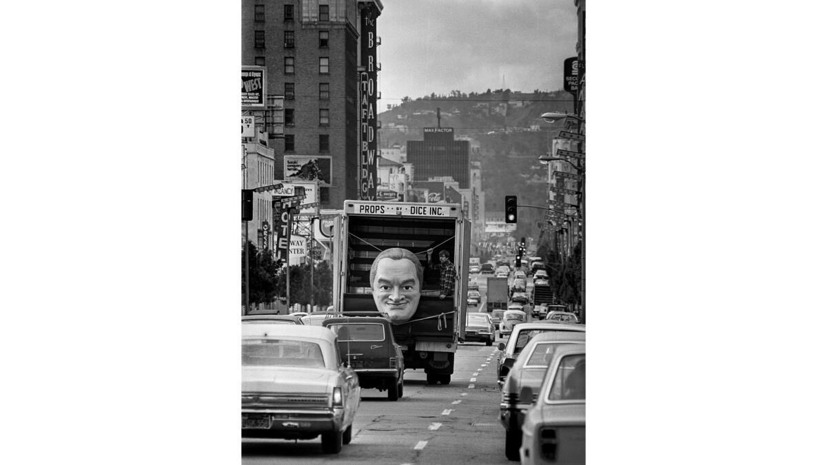 Jan. 28, 1972: Original version of the image the bust of Bob Hope being transported through Hollywood.